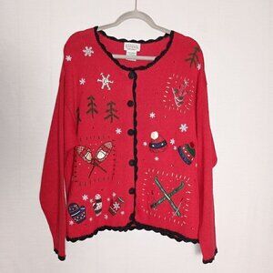 Ugly Christmas Cardigan Sweater Red & Black Crochet Trim Rami Cotton Blend Sz LG